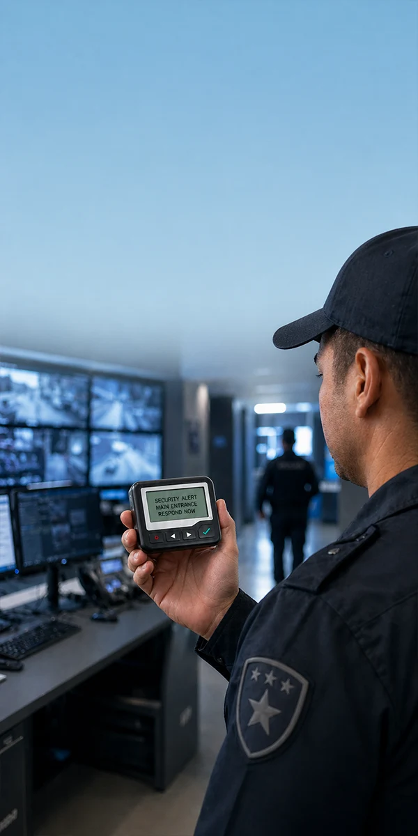 Security staff receiving a pager alert for rapid response in a monitoring environment